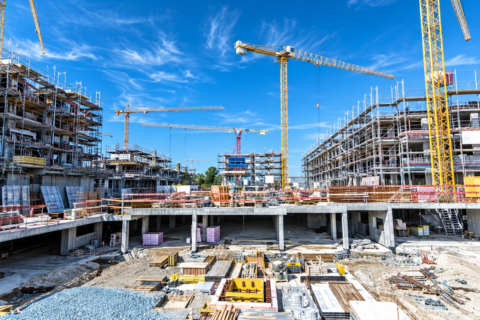 Un grand chantier de construction avec plusieurs grues et des immeubles en structure sous un ciel bleu.