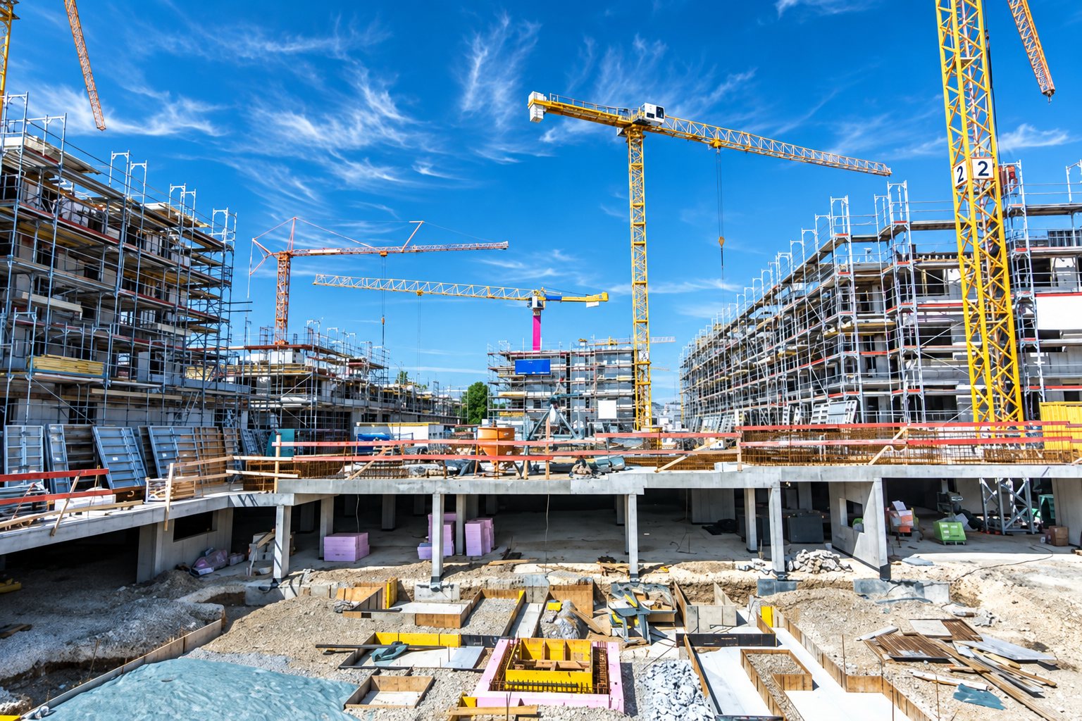 Vue d'un vaste chantier de construction d'immeubles avec plusieurs grues, des échafaudages et des fondations en cours de réalisation sous un ciel bleu.