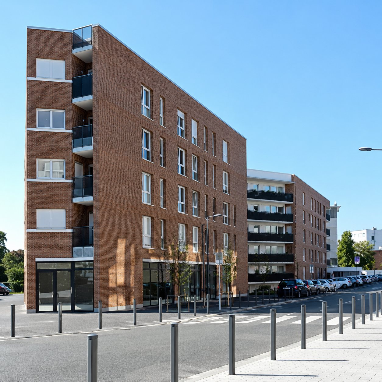 Un immeuble d'appartements moderne en briques rouges avec des balcons, bordé d'une rue et de barrières métalliques sous un ciel bleu.