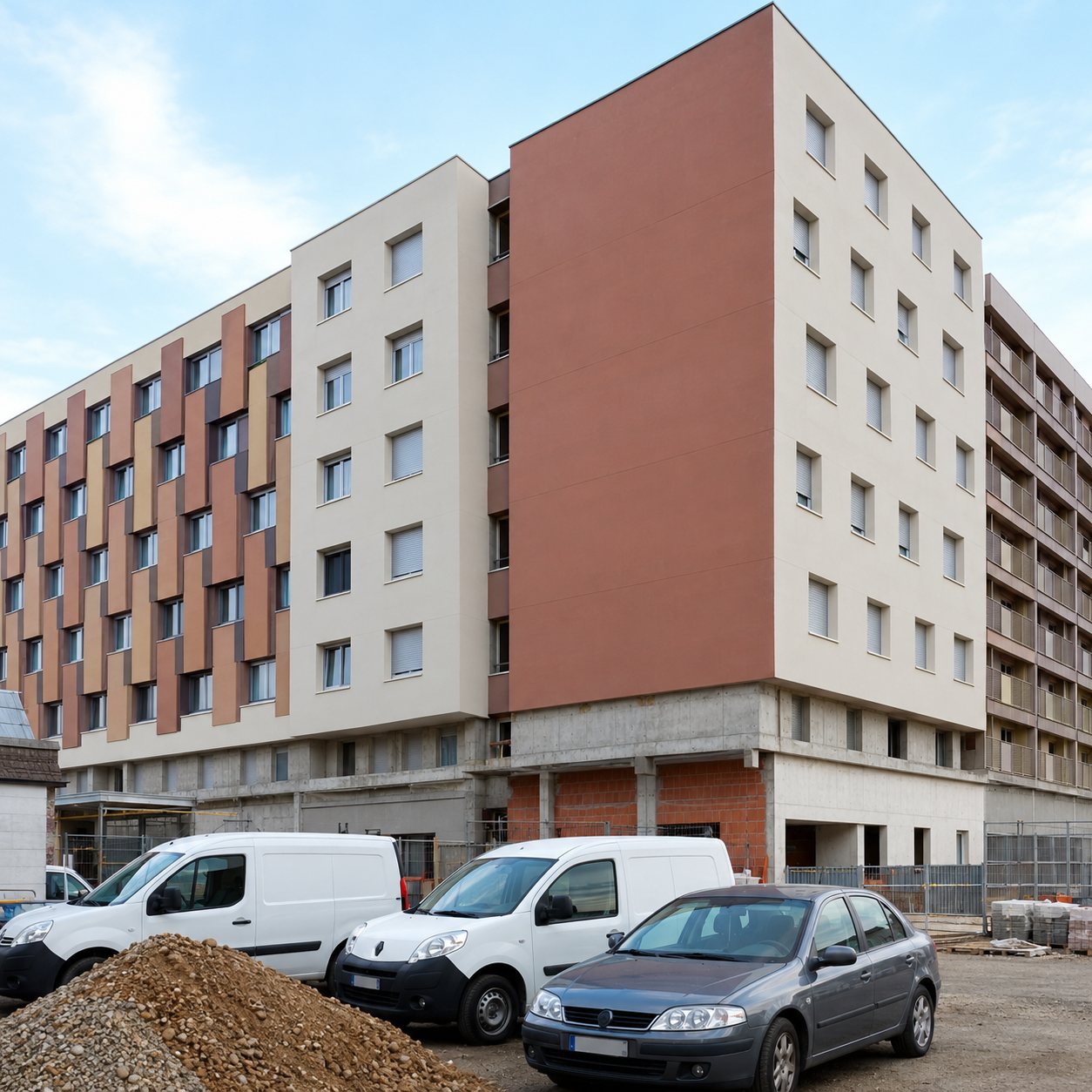 Un immeuble d'habitation en briques et façade claire en construction, avec des camionnettes blanches et une voiture garées devant et un tas de terre au premier plan.