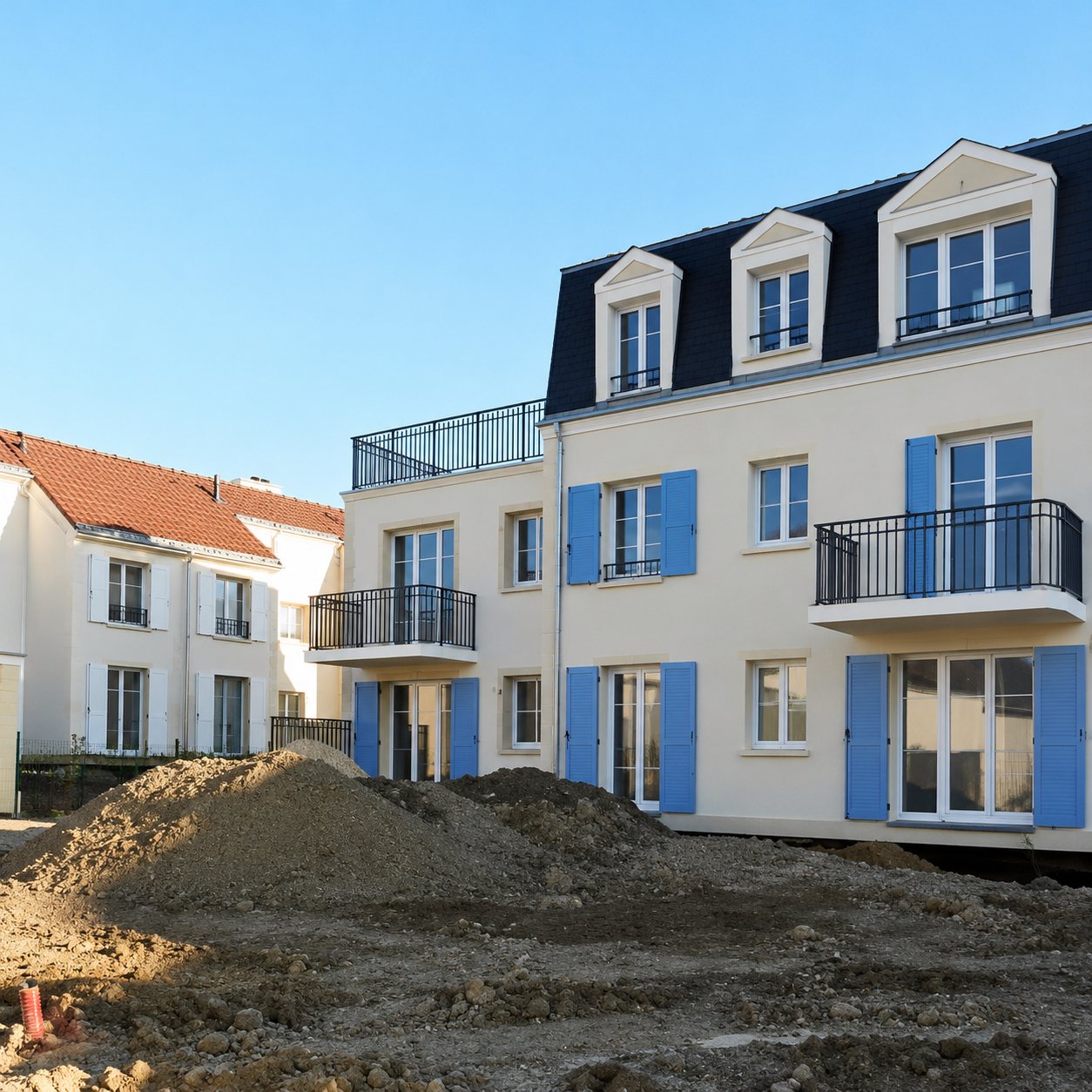 Un immeuble récent aux façades claires et aux volets bleus, avec un tas de terre de chantier au premier plan sous un ciel dégagé.