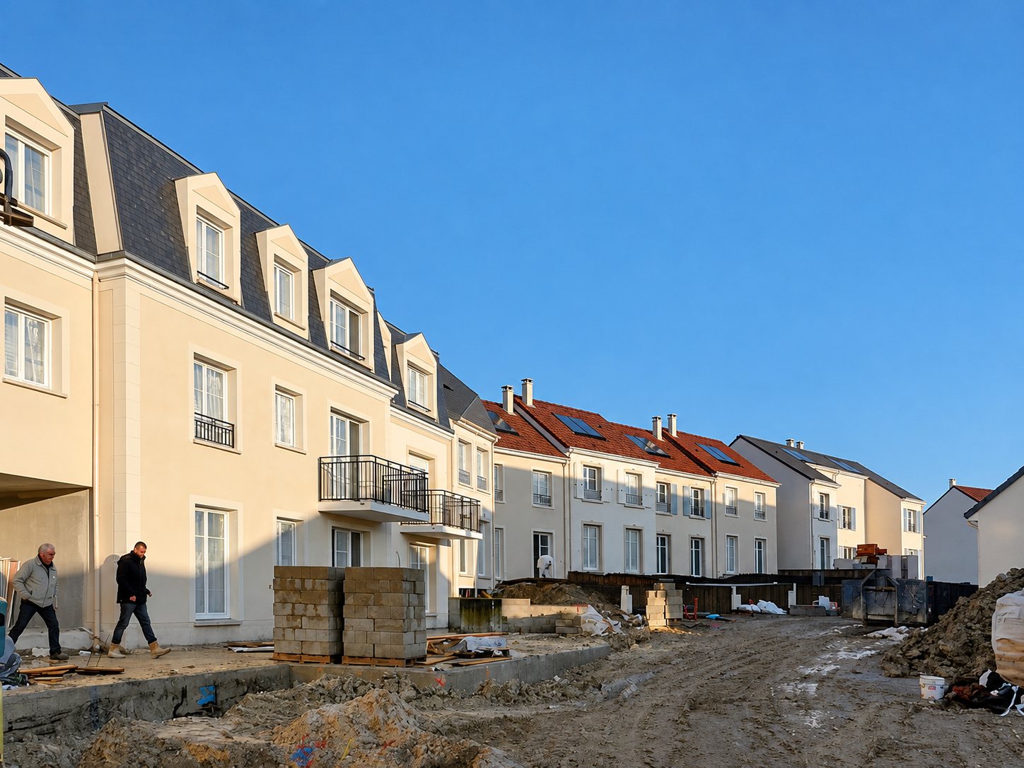 Un chantier de logements neufs aux façades claires et toits mansardés en ardoise, avec des palettes de parpaings et deux ouvriers marchant sur un sol boueux.