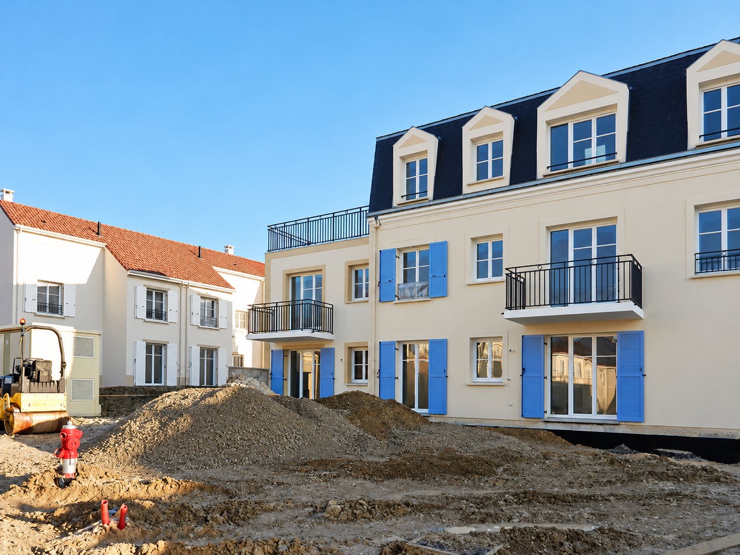 Un immeuble résidentiel récent aux volets bleus et aux lucarnes, devant un chantier de terrassement avec tas de terre et compacteur.